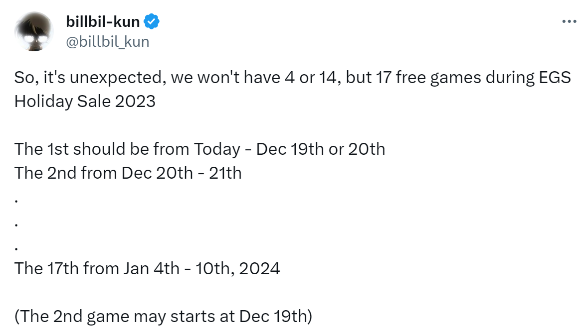 坤哥透露，《史诗》将在圣诞期间送出17场比赛。
