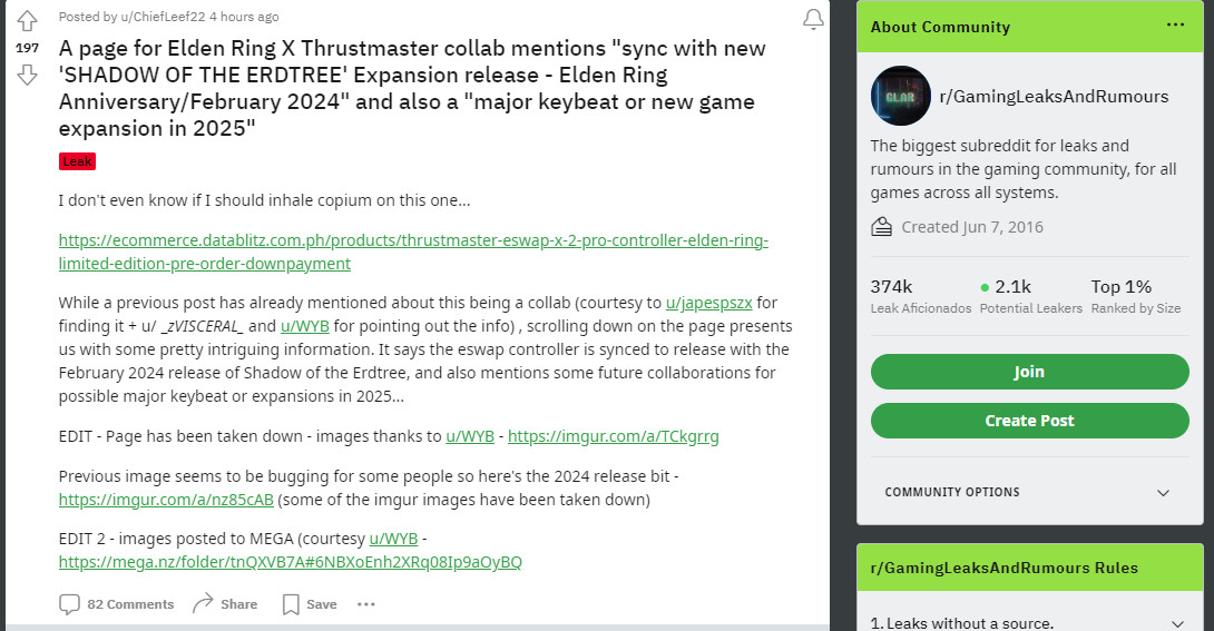 谣言：《艾尔登法环：黄金树之影》于2024年2月上市，DLC于2025年上市
