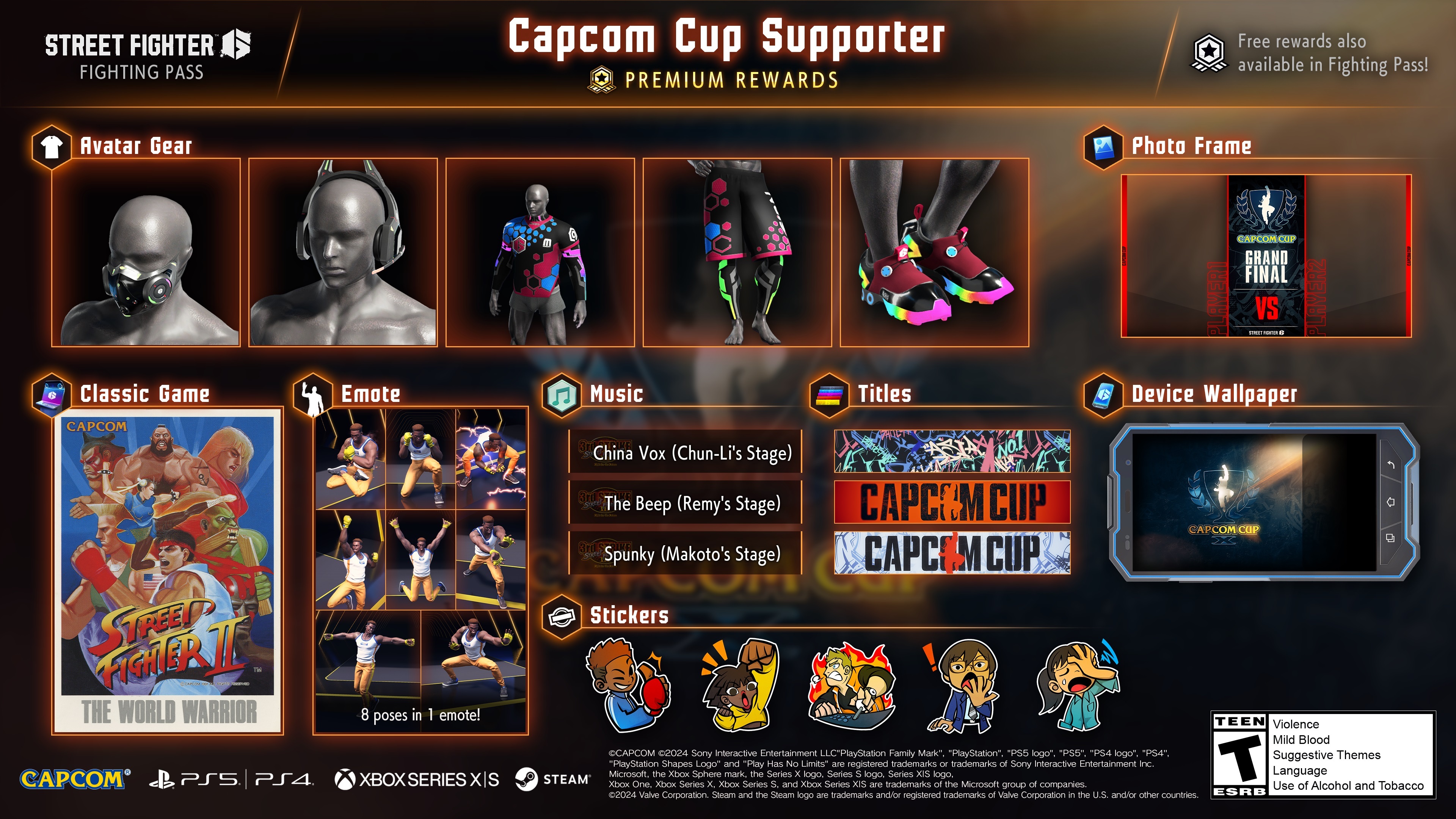 《街头霸王6》1战斗月票《Capcom杯支持者》现已开通。
