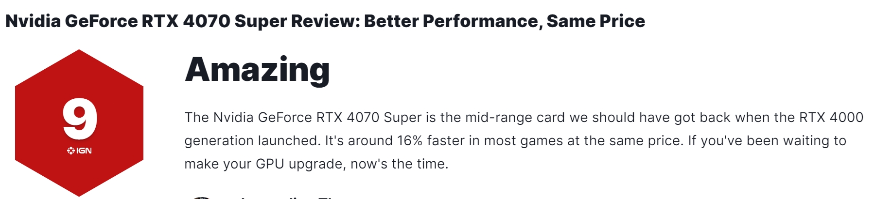 RTX4070S显卡IGN9分：更具性价比，值得入手
