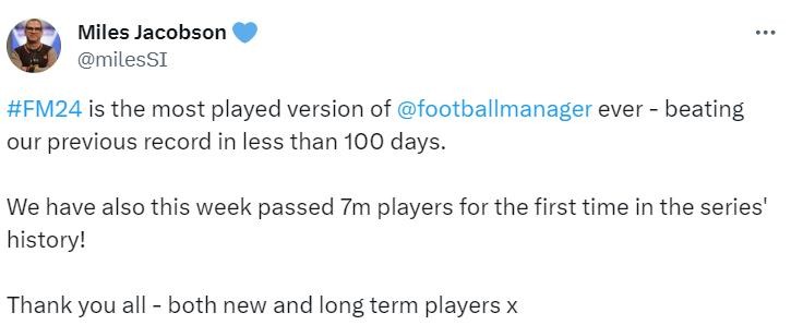 超过700万名《足球经理2024》玩家成为该系列中玩家人数最多的作品。
