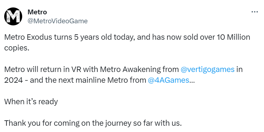 《地铁：逃离》五周年销量突破1000万。
