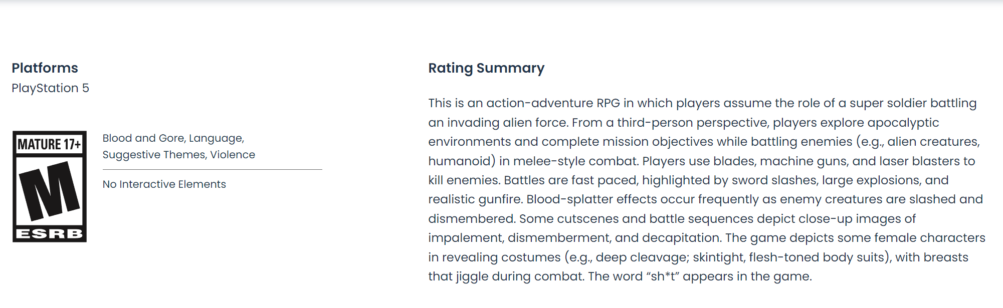 《星刃》ESRB评分17+包括暴力、流血等。
