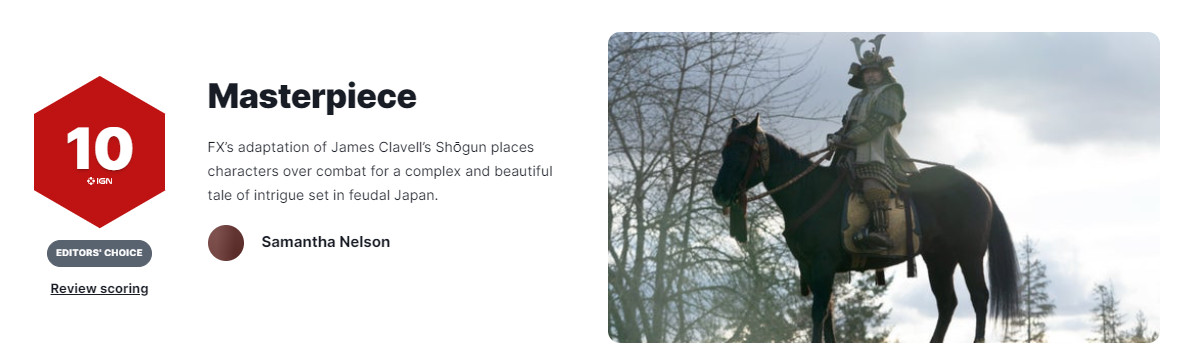 FX历史剧《幕府将军》IGN满分为10分。
