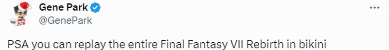 重播《最终幻想7：重生》允许角色一直穿着比基尼。
