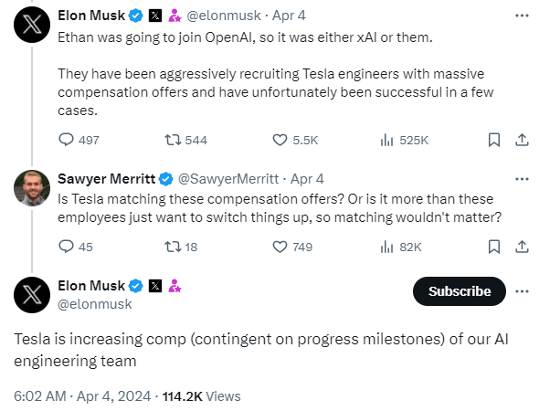 马斯克：特斯拉正在人工智能人才争夺战中提高薪酬

