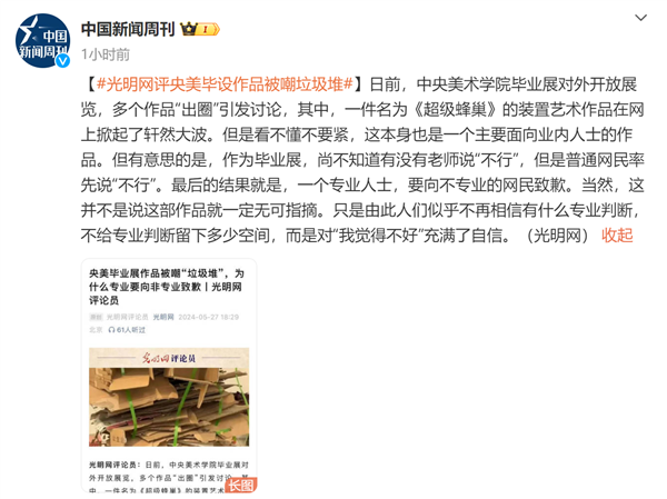 中美洲毕业展的作品被批评为废纸壳。专家：专业人士向外行网友道歉荒谬
