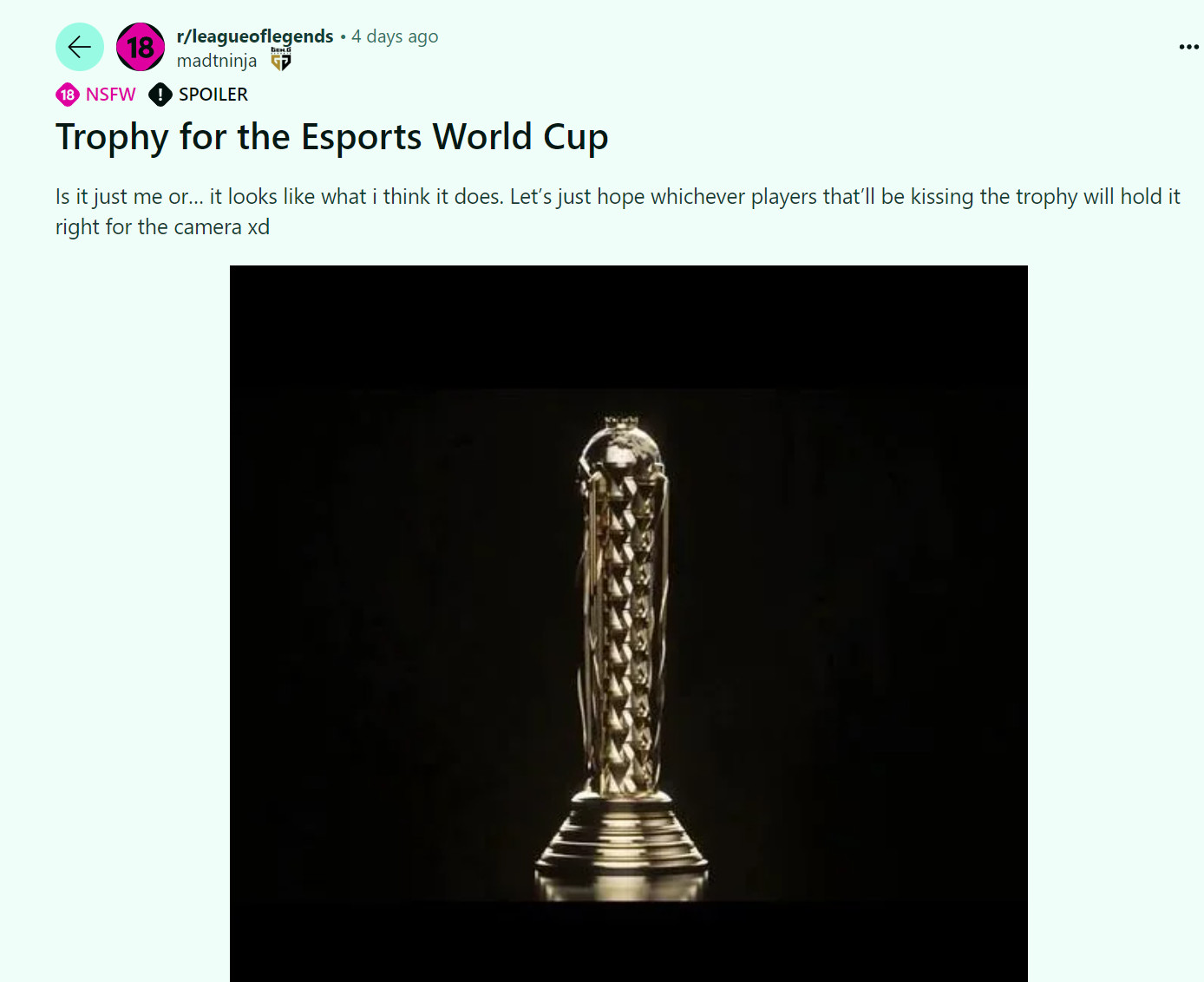 泄露的电子竞技世界杯奖杯图片是这样的
