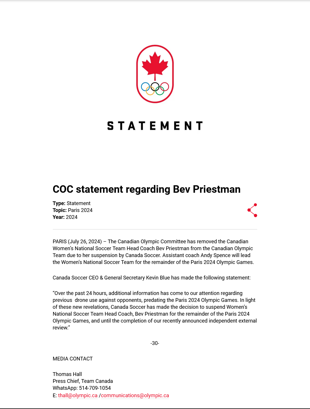 奥运无人机监视加拿大女足另一队训练教练被停职
