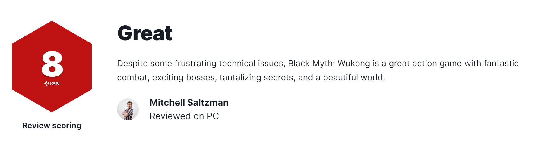 《黑神话：悟空》IGN8分一款出色的动作游戏
