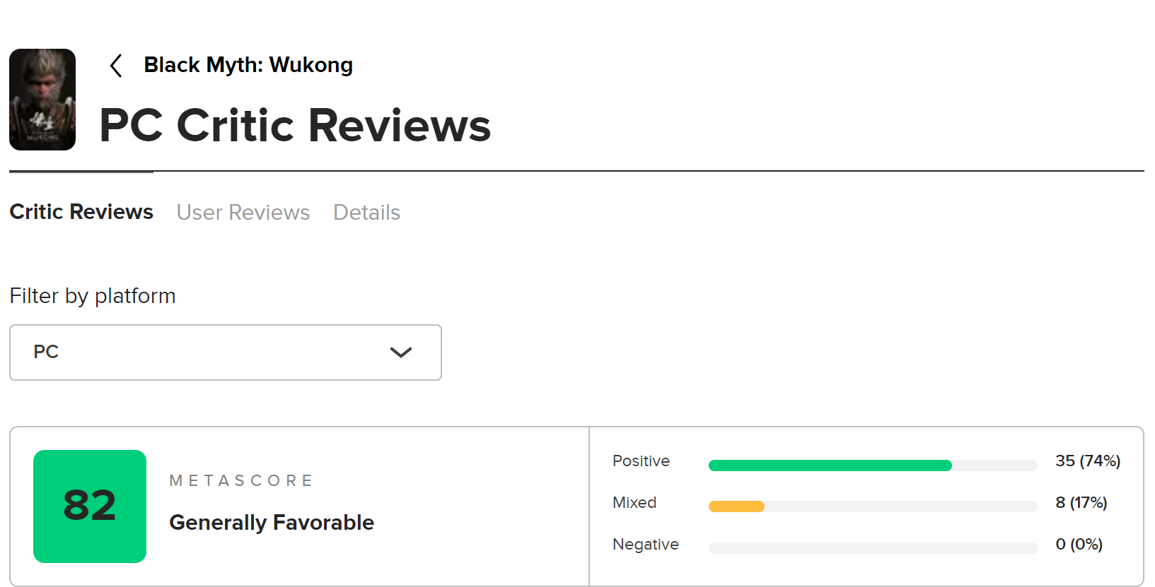 《黑神话：悟空》媒体评分提升，M站平均82
