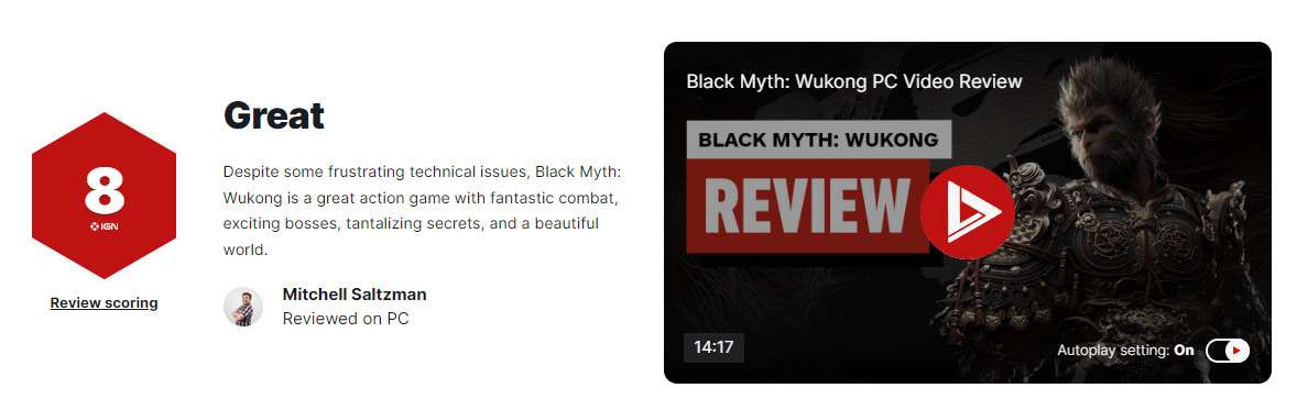 《黑神话：悟空》IGN8分未优化但战斗出色
