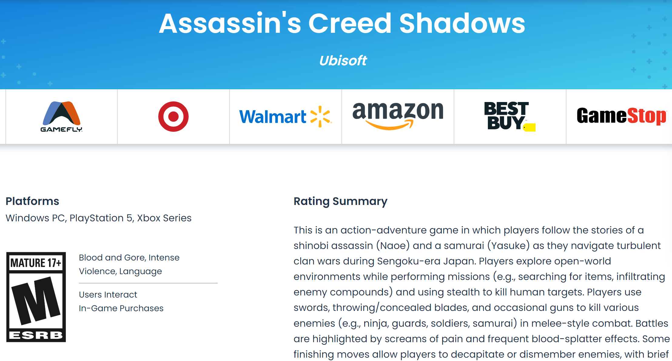 《刺客信条：影》ESRB的17+血腥暴力
