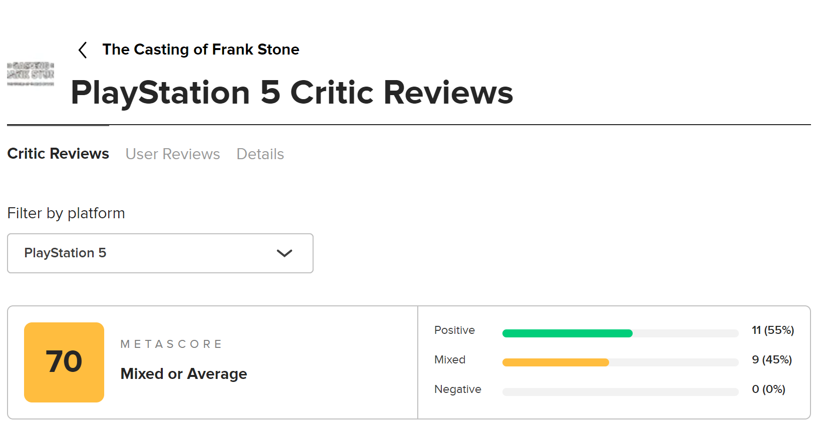 《弗兰克·斯通的阴影》媒体评分提升，M站平均70
