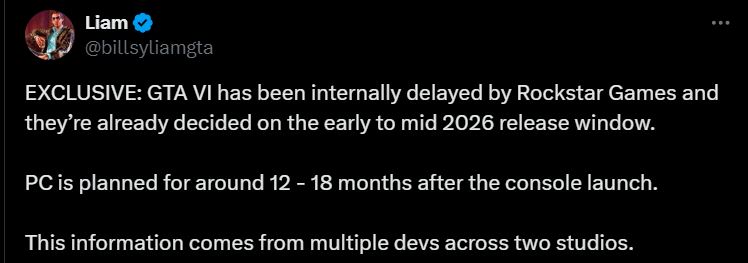 有关《GTA6》内部门票跳至2026年PC版本的传言可能要等到2027年
