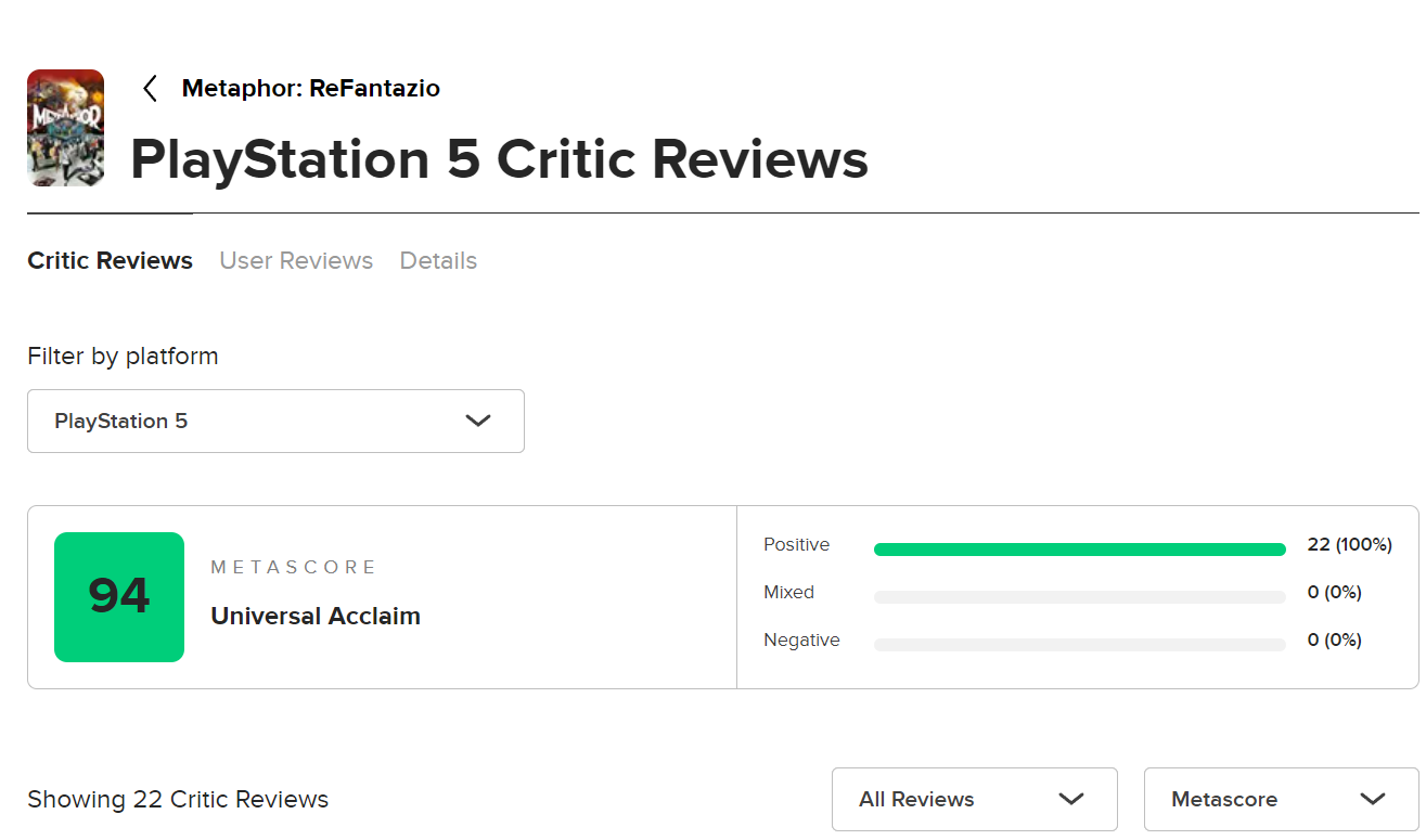 《暗喻幻想：ReFantazio》得分提升，M站平均94分
